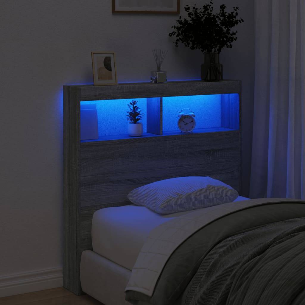 Walplus Engineered Wood LED Headboard Cabinet - Grey and Oak - 100 x 17 x 102 cm - Image 4