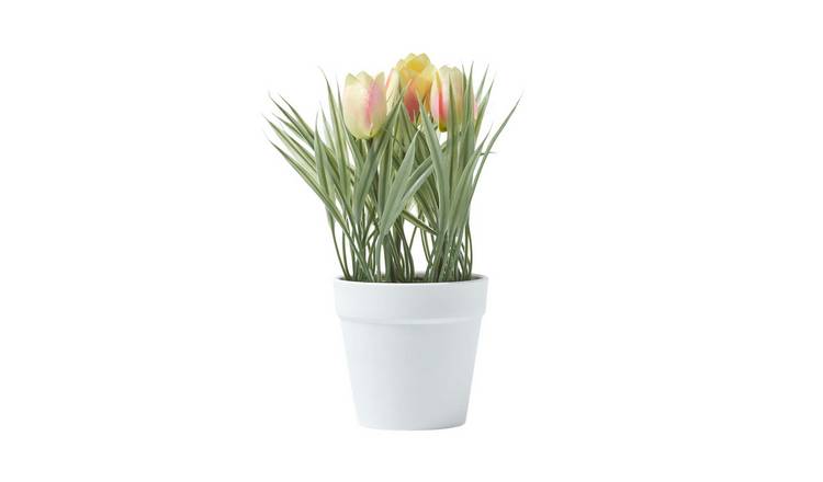 Homescapes Silk-like Polyester Artificial Tulips in Round Plastic Pot - Pink