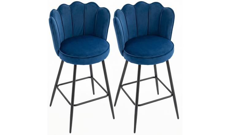 HOMCOM Set of 2 Velvet Bar Stools with Petal Backrest and Footrest - Dark Blue