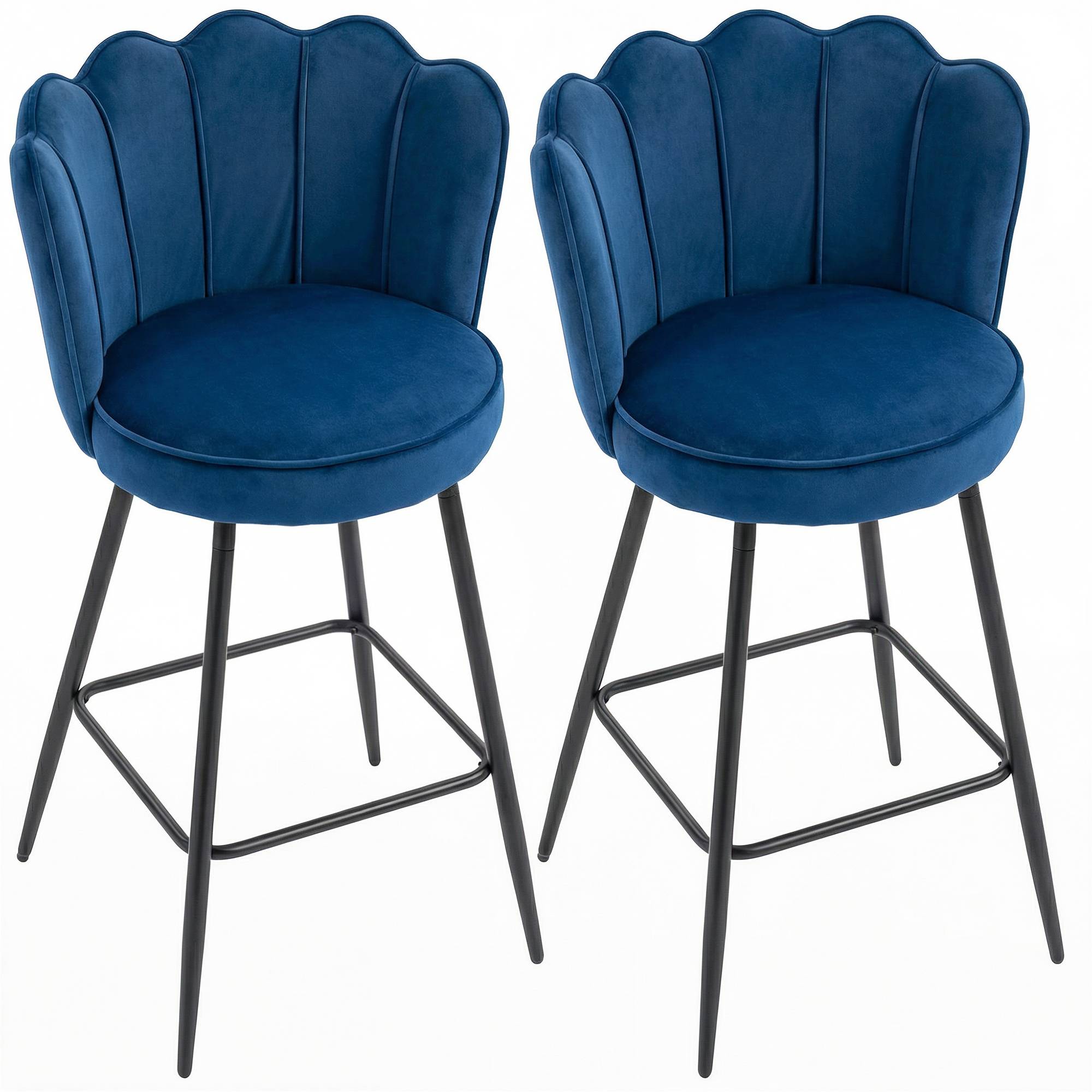 HOMCOM Set of 2 Velvet Bar Stools with Petal Backrest and Footrest - Dark Blue - Image 1