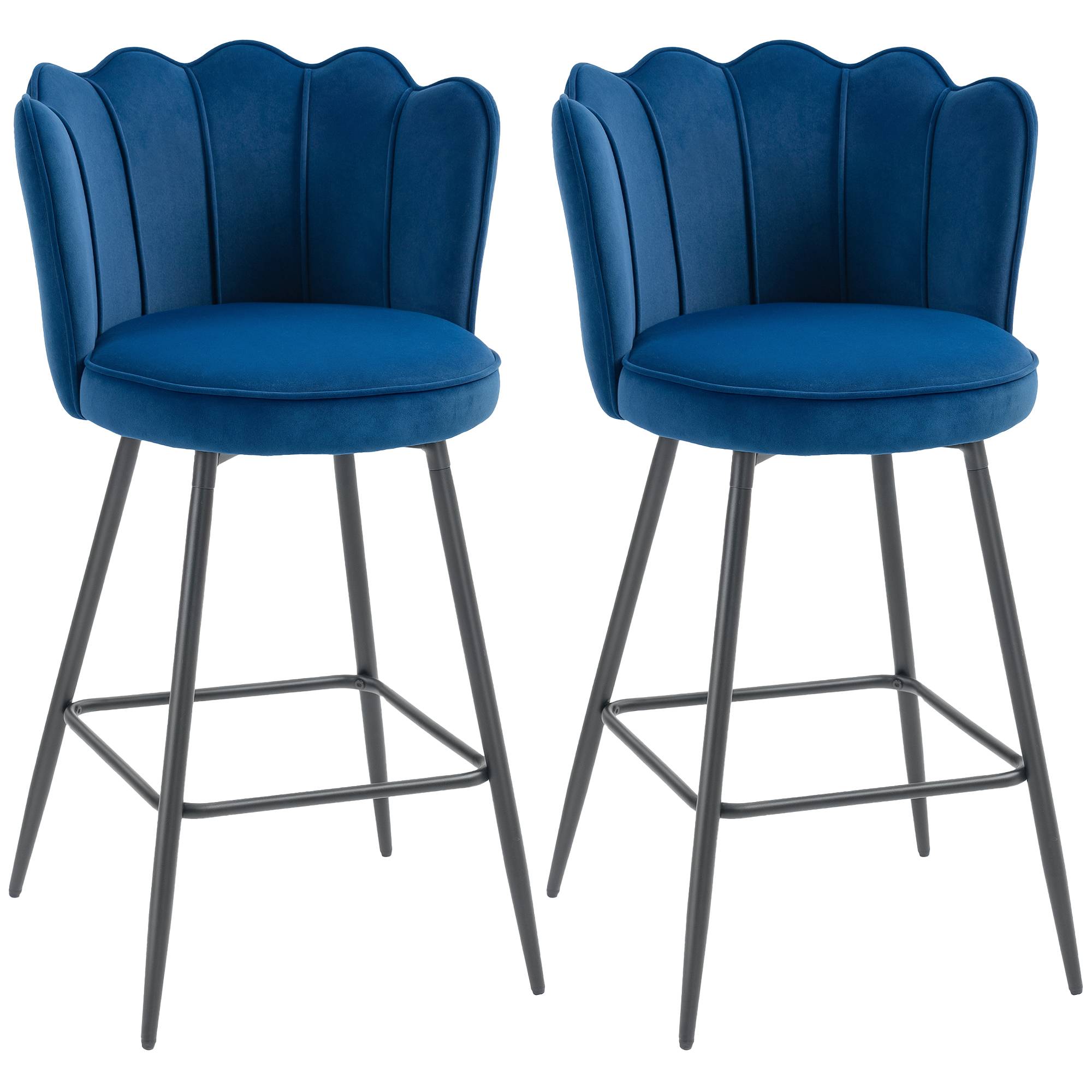 HOMCOM Set of 2 Velvet Bar Stools with Petal Backrest and Footrest - Dark Blue - Image 2