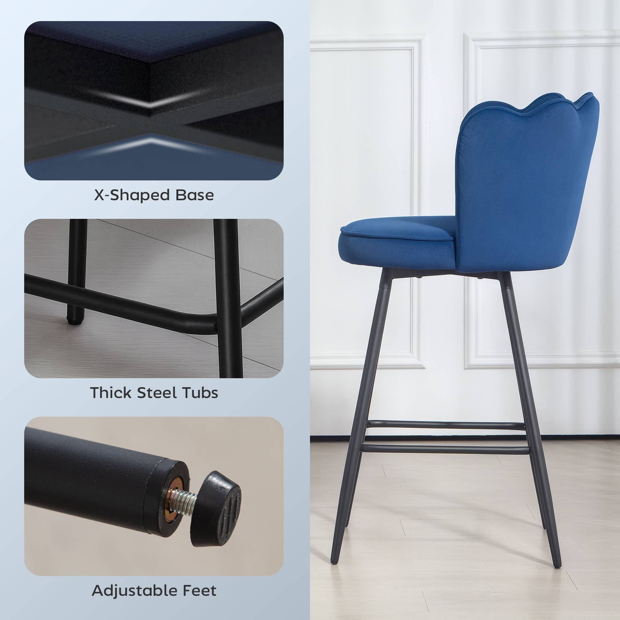 HOMCOM Set of 2 Velvet Bar Stools with Petal Backrest and Footrest - Dark Blue - Image 5