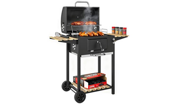 Outsunny Adjustable Garden BBQ Grill with Warming Rack - Black