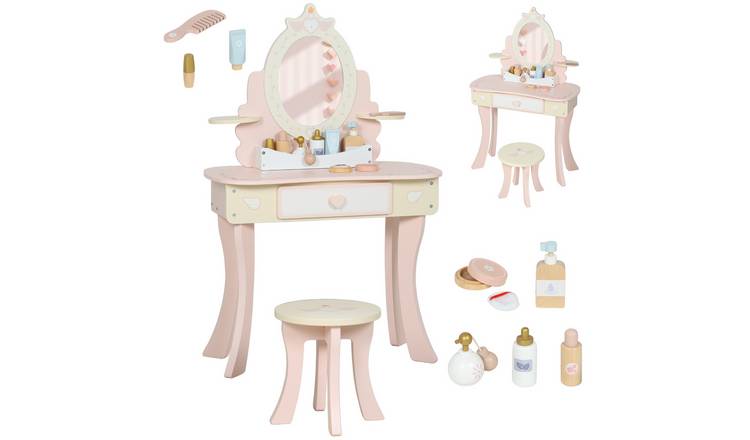 AIYAPLAY 2 in 1 Stool Drawer Mirror 7 Pcs Kids Dressing Table - Pink