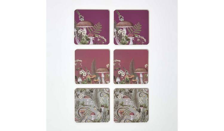 Homescapes Pack of 6 Mushroom Design Cork Coasters - Multicoloured