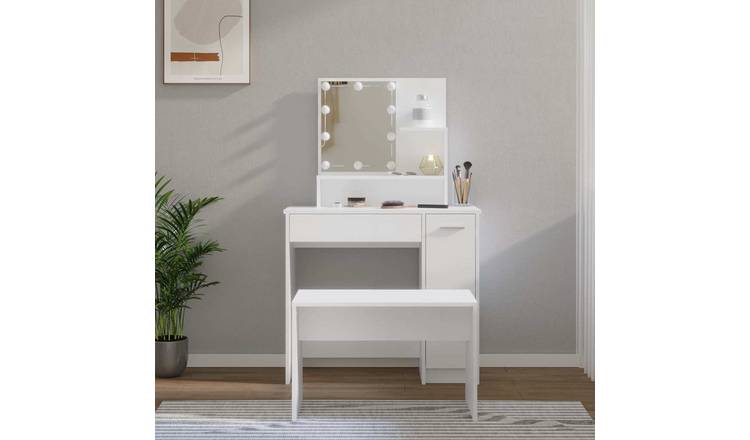 Walplus LED Engineered Wood Dressing Table Set - White - 86.5 x 35 x 136 cm