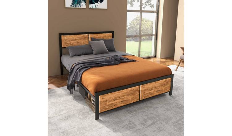 HOMCOM 5FT Steel Industrial Double Bed Frame - Rustic Brown