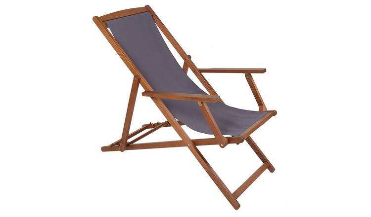 Charles Bentley Folding FSC Wooden Deck Chair Beach Sun Lounger - Grey