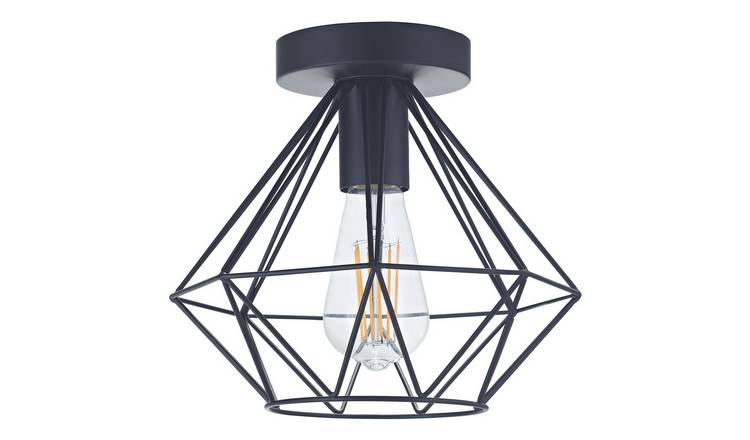 Happy Homewares Black Industrial Basket Cage Matt Black Ceiling Light - 23cm