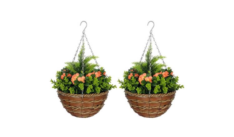 Outsunny Set of 2 Hanging Artificial Lisianthus Flowers with Basket - Orange