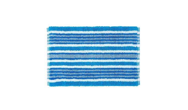 Homescapes Handloomed Striped Cotton Bath Mat - Blue