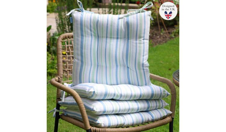 Dibor Set of 4 Striped Outdoor Garden Chair Cushion Seat Pads - Blue