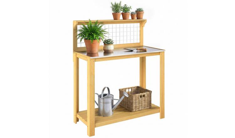Outsunny Wooden Potting Bench Table with Aluminium Worktop - Yellow