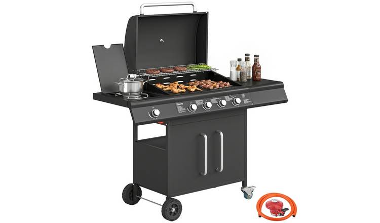 Outsunny Garden BBQ Grill with Storage Cabinet with Side Table - Black