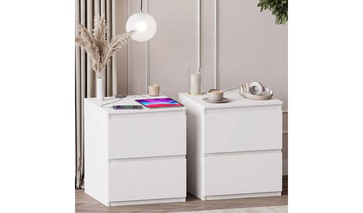 Vida Designs Denver 2 Drawer Bedside with Power Outlet - Set of 2 - White