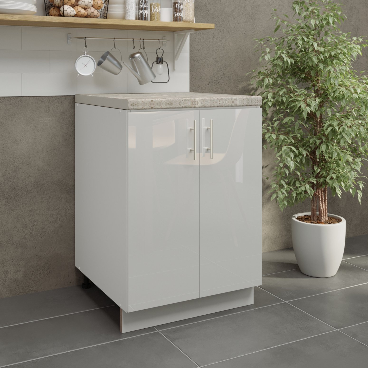 JD Greta 600mm Adjustable Leg Base Cabinet with 2 Doors & Worktop - White Gloss - Image 3