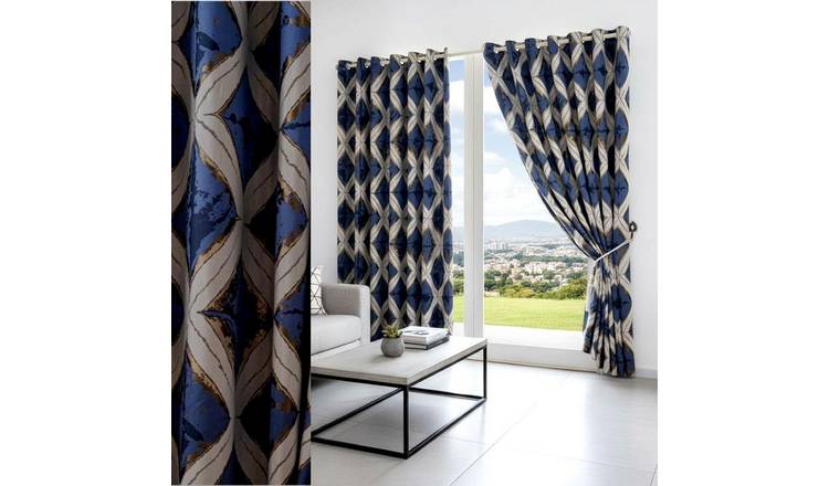 Luxury Living Diamond Metallic Lined Eyelet Curtains 229cm x 183cm - Blue
