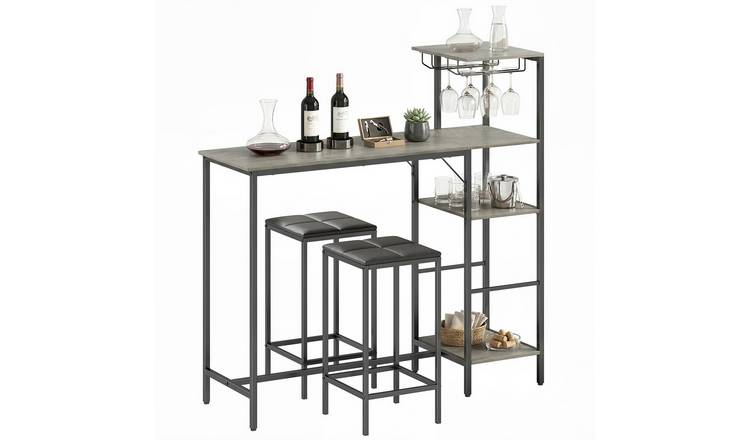 HOMCOM 3 Piece Bar Table and Stools with Glasses Holders - Grey