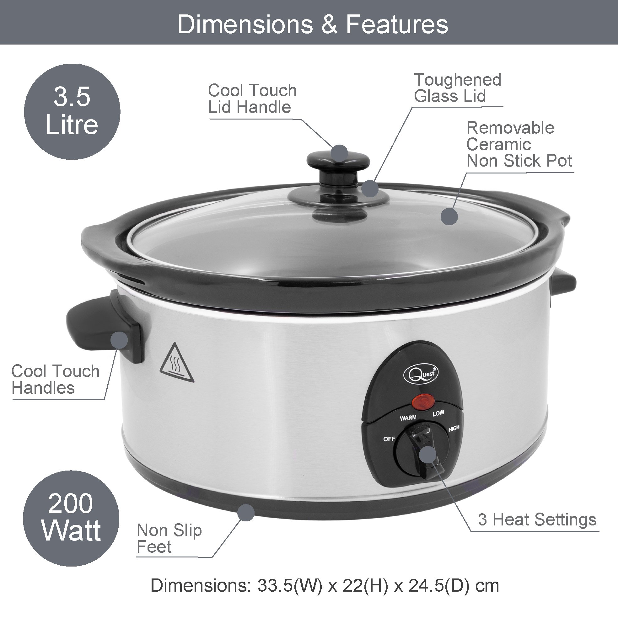 Quest 3.5L Slow Cooker - Stainless Steel - Image 3