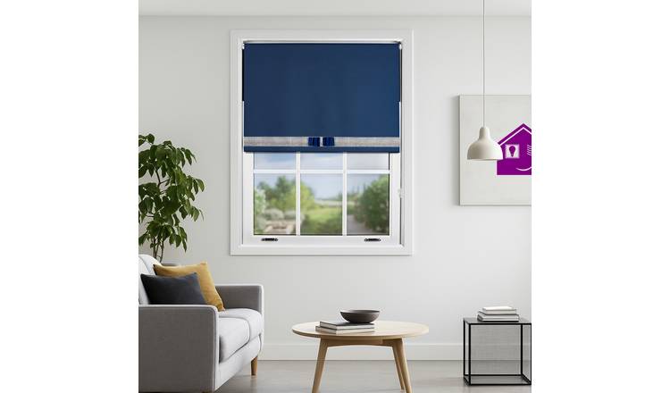 Furnished Navy Blue Blackout Roller Blind Diamante Strip and Bow - 60 x 165cm