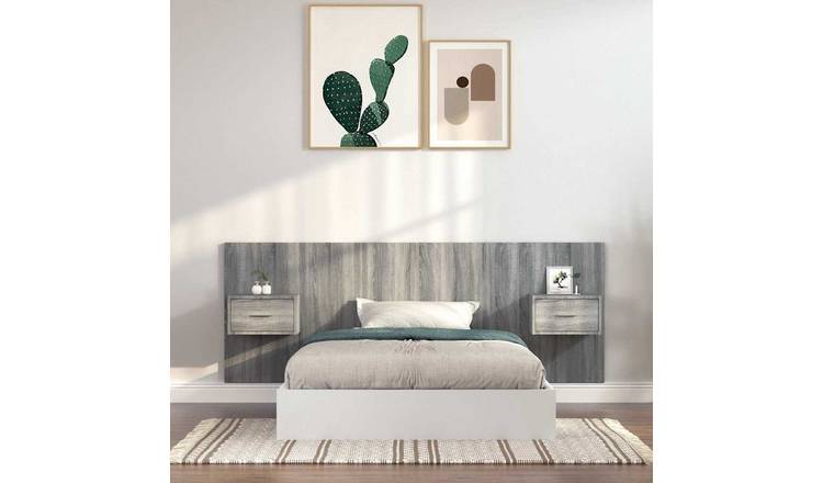 Walplus Engineered Wood 2 Cabinet Headboard - Grey and Oak - 120 x 1.5 x 80 cm