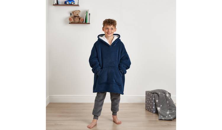 OHS Kids Plain Sherpa Hoodie Blanket - One Size - Navy
