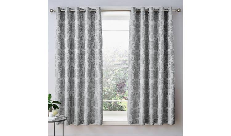 Catherine Lansfield Damask Jacquard Eyelet Curtains - Silver - 168 x 183cm