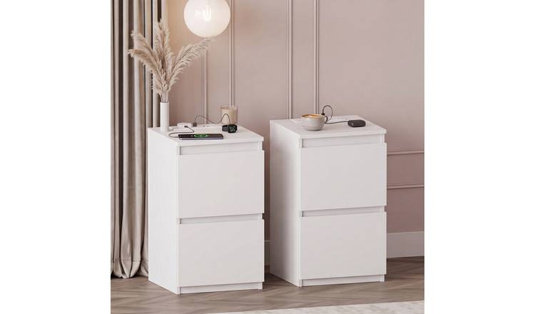 Vida Designs Denver 2 Drawer Bedside Chest With Power Outlet Set of 2 - White