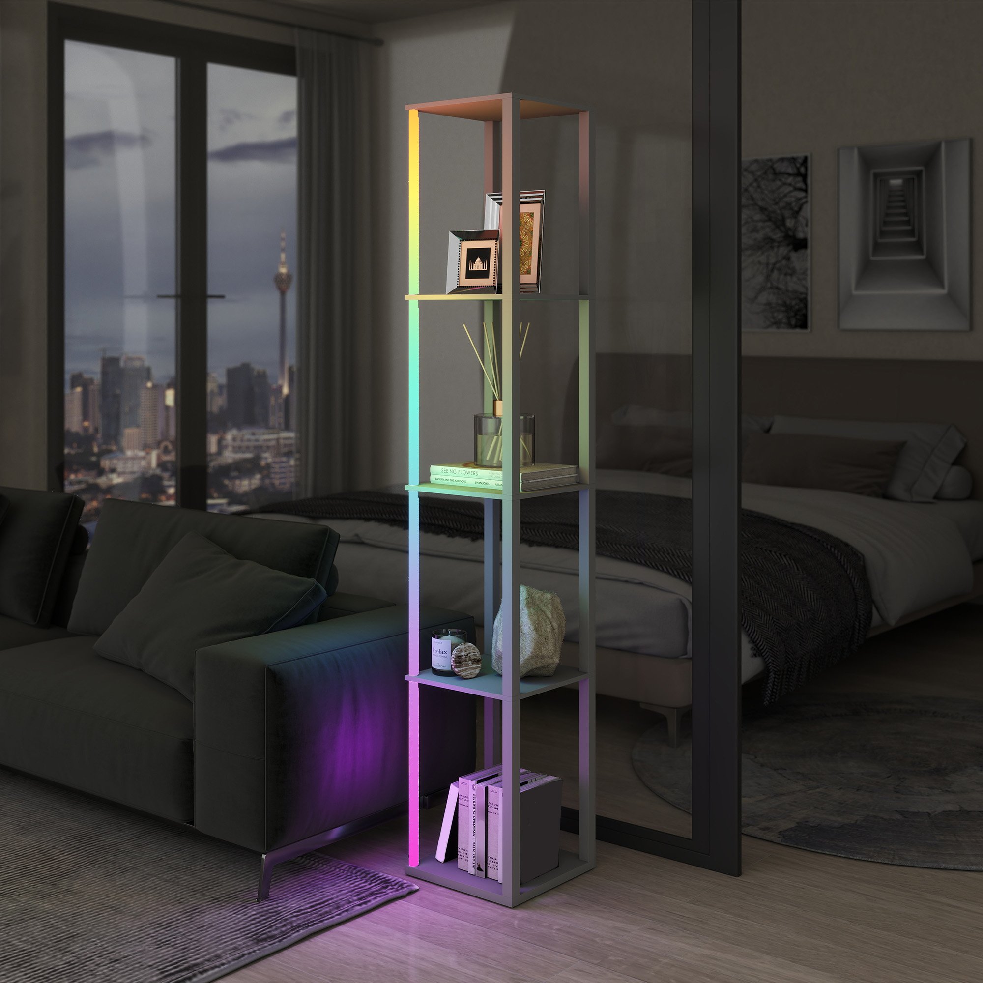 HOMCOM 4 Tier Dimmable RGB Column Floor Lamp with Remote Control - Grey - Image 5