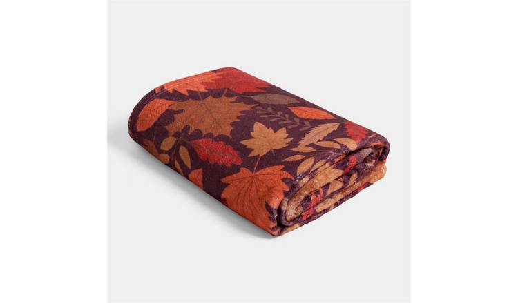 OHS Autumn Print Flannel Fleece Throw - 125 x 150cm - Burgundy