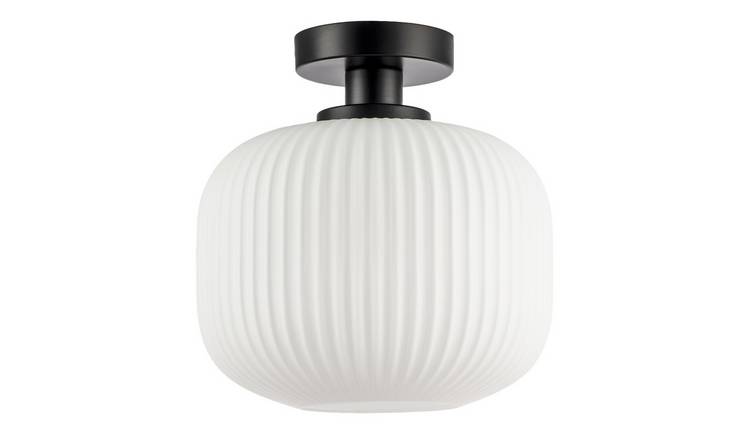 Happy Homewares Matte Black with Opal Ribbed Glass Bathroom Ceiling Light - 25cm