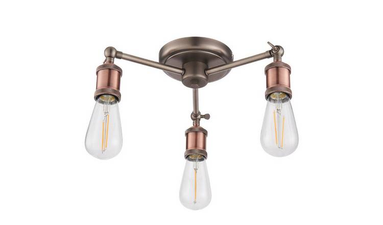 Loops Direct Steel Semi Flush Ceiling Light 3 Lamp Pendant - Aged Copper