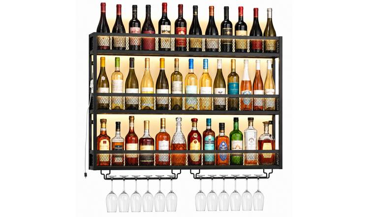 HOMCOM Metal Wall Mounted Wine Rack with LED Lights and Glass Holders - Black