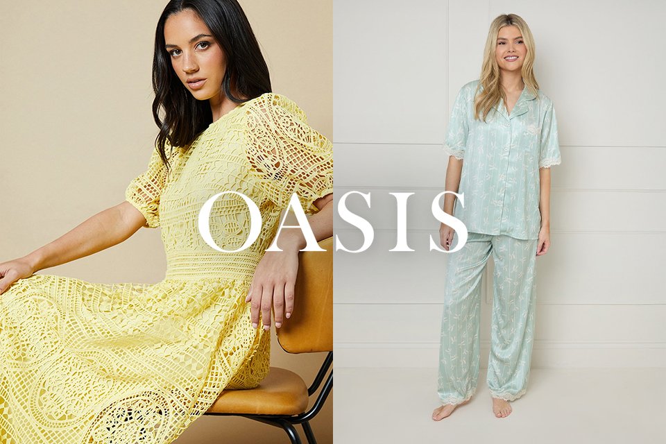 Oasis. Inspired by statement prints, florals, and timeless patterns, Oasis curates effortless, sophisticated pieces for the modern wardrobe with smart tailoring, elegant occasionwear, and elevated desk-to-dinner styles that stand out.