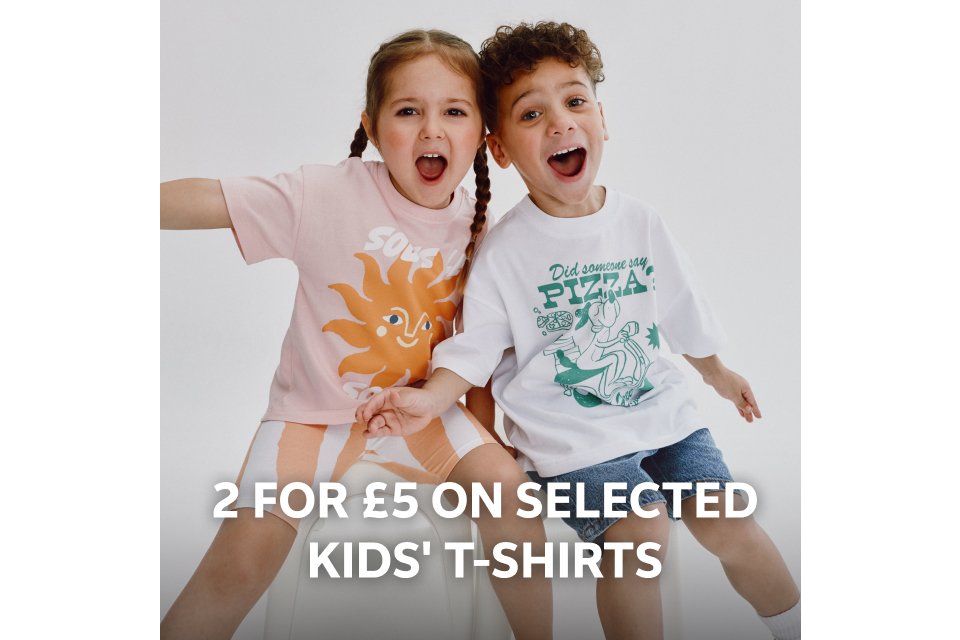 2 for £5 on selected kids' t-shirts. Shop now.