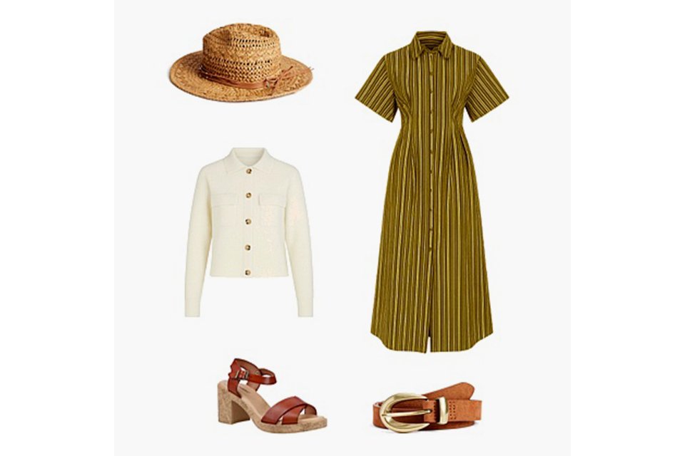 Green striped short sleeve shirt dress styled with a straw hat, cream buttoned cardigan, tan belt and brown block‑heel sandals on a white background.