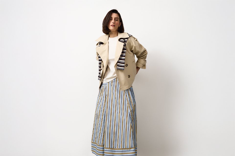 Spring capsule outfit styled with a lightweight jacket, striped top and flowing skirt, ideal for mix‑and‑match seasonal dressing. 