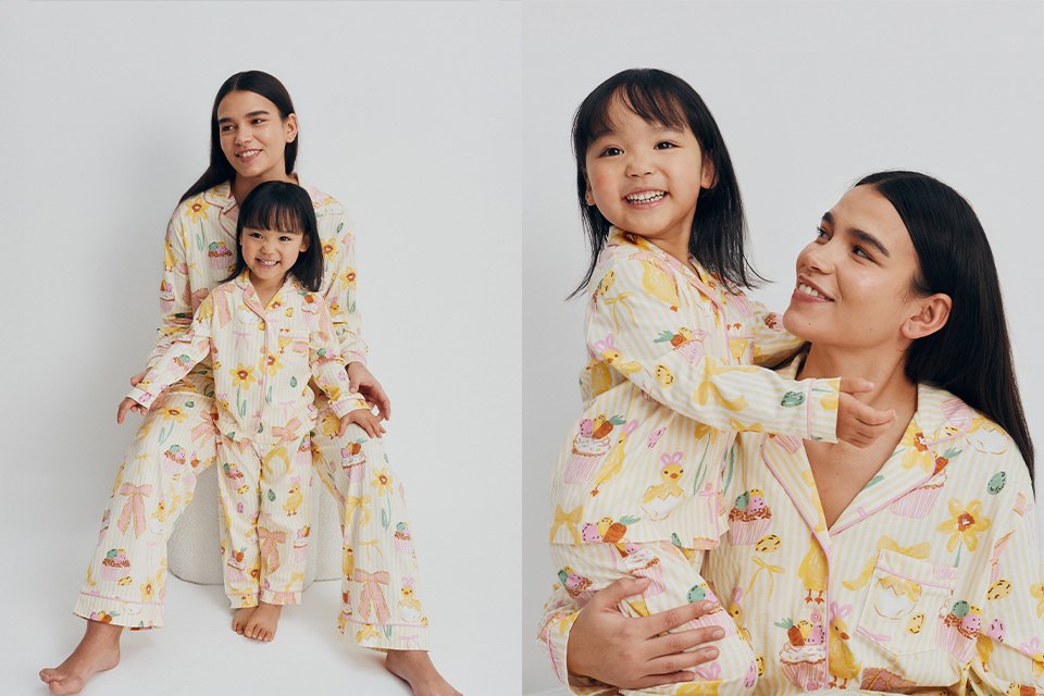 Mother and child wearing matching floral pyjamas from the nightwear collection.