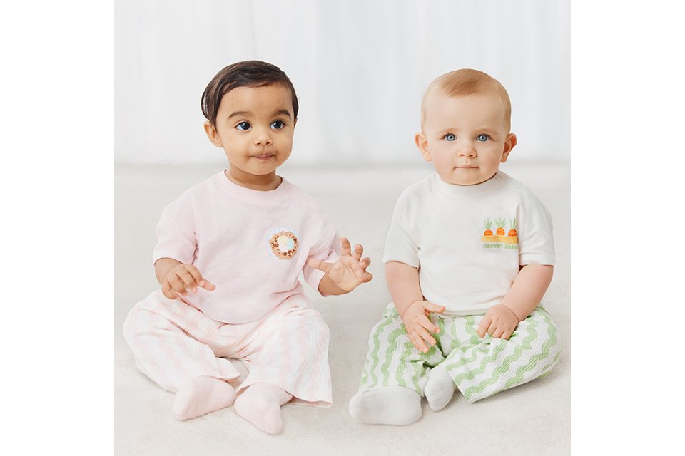 Two newborns wearing soft cotton baby grows and essentials, designed for comfort and everyday newborn wear.