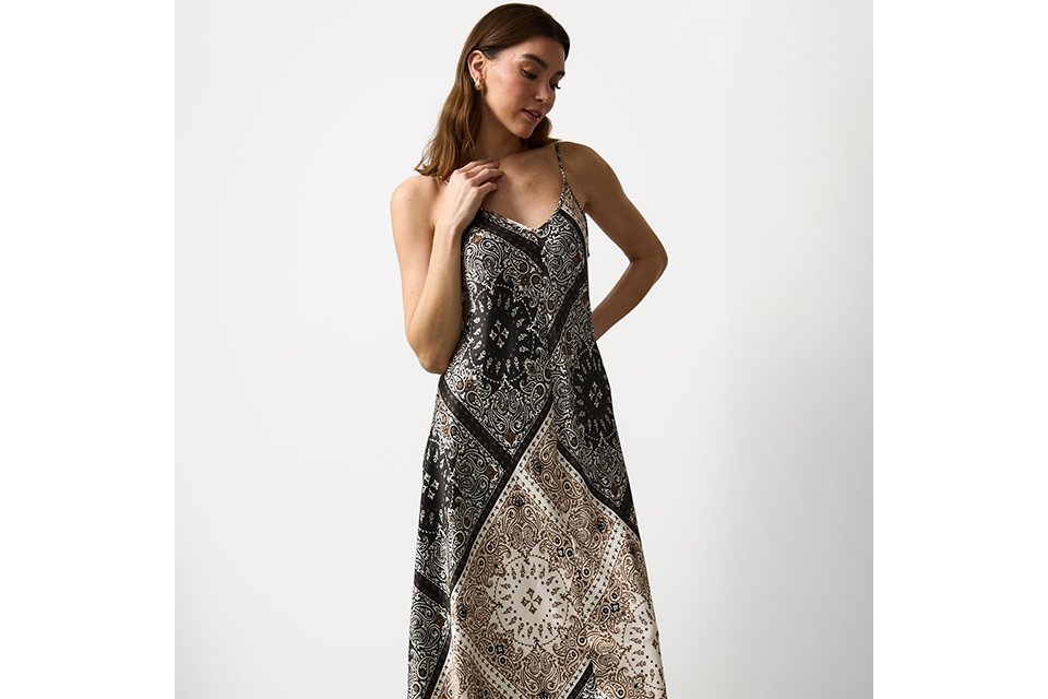 Printed sleeveless midi dress with a fitted waist, styled for women’s new‑season spring and summer outfits.