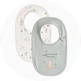 Baby bibs and muslin cloths for feeding and dribbles.