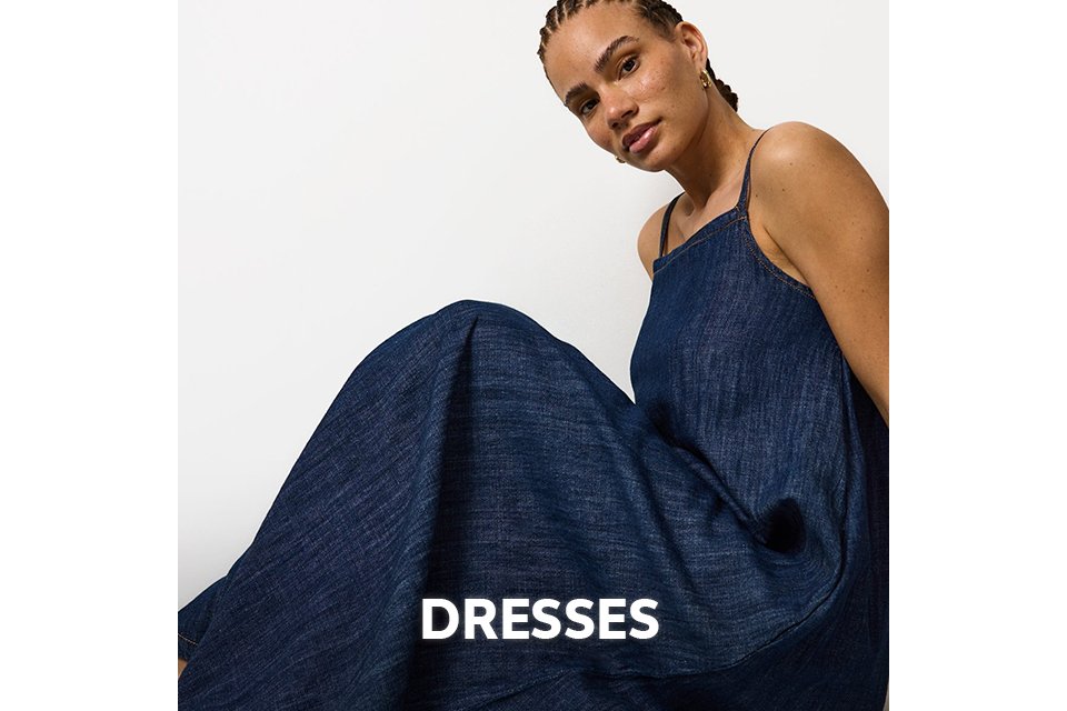 Woman wearing blue maxi dress.