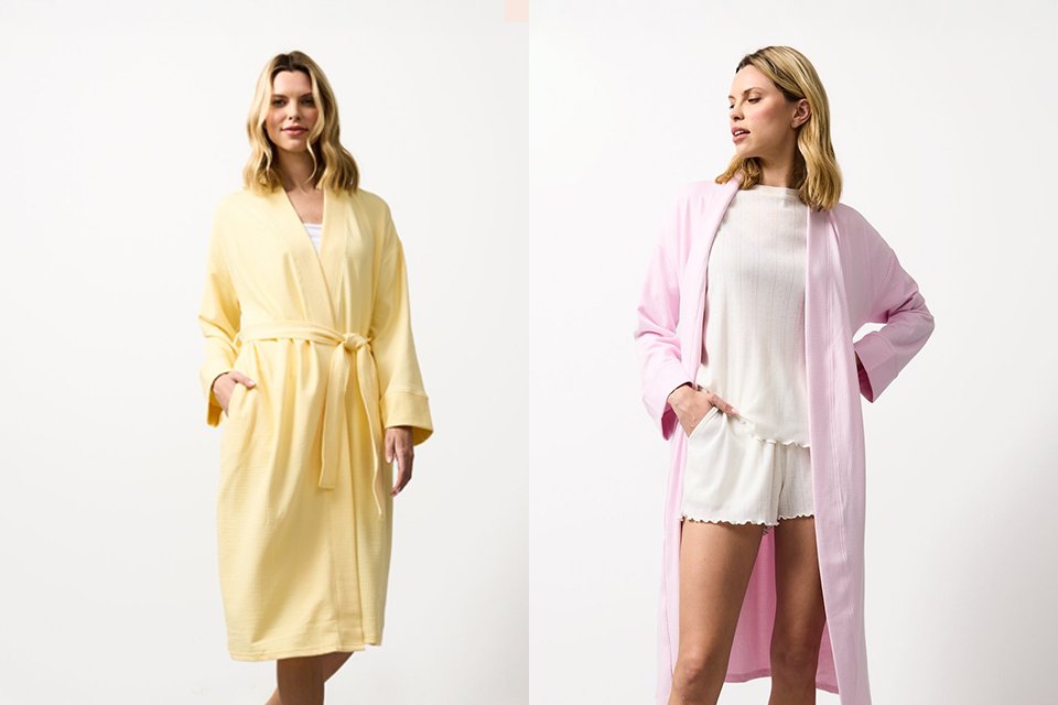 Tow images being shown- a man wearing grey slippers and dark blue check pyjamas bottoms, and then a woman wearing a mocha brown hooded dressing gown with neutral pyjama bottoms.