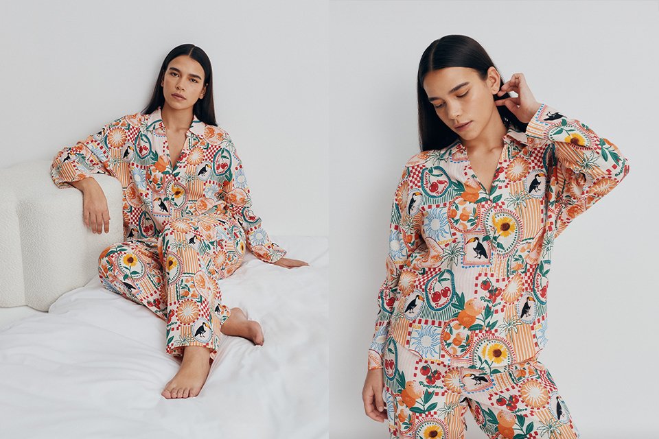 Mother and child wearing matching floral pyjamas from the nightwear collection.