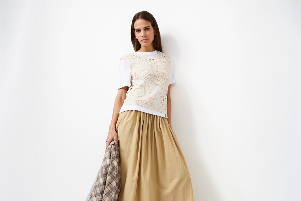 Smart‑casual workwear outfit styled with relaxed top and flowing skirt.