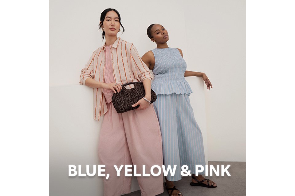 Blue, yellow & pink.