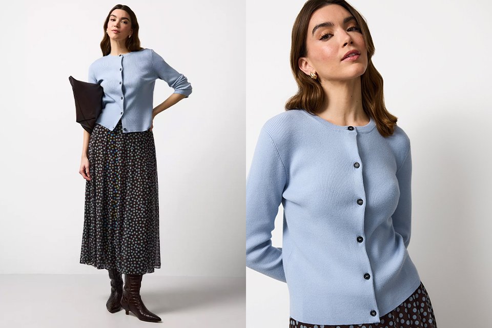 Light blue spring knit cardigan with button fastening, ideal for layering over wedding guest dresses.