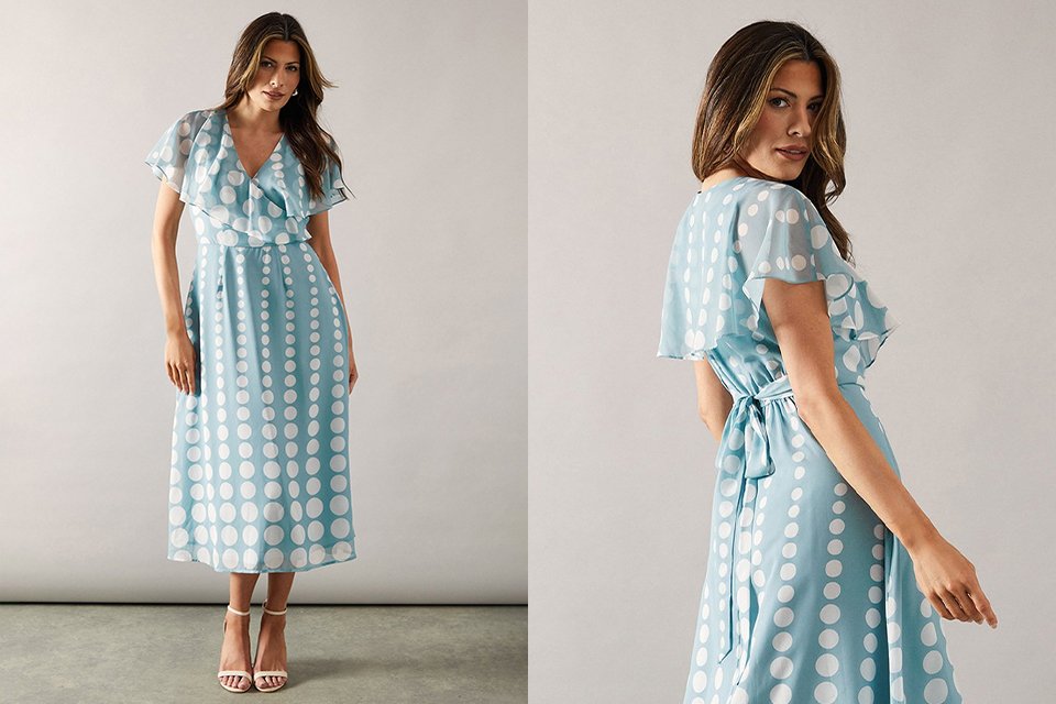 Blue polka dot midi occasion dress with soft drape and short sleeves, suitable for mother of the bride outfits.
