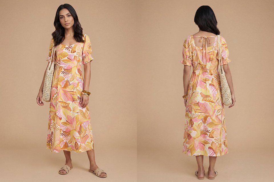 Blue printed wrap midi dress with short sleeves and tie waist, shown from front and back, styled with a clutch bag in an outdoor setting.