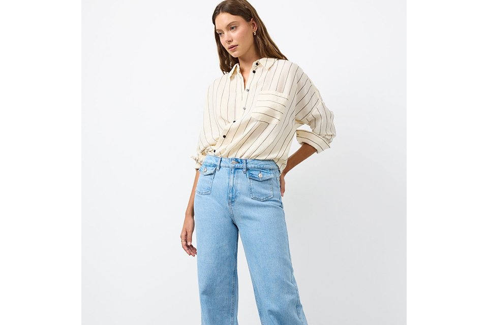 Jeans and the classic shirt.